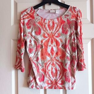 Chico's Women's Orange and Cream Patterned Top Size 1 (Size 8 OR mediym)